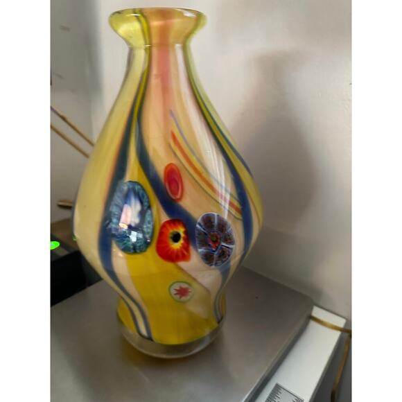 Vintage Murano Hand Blown Yellow Glass Vase Large Millefiori Art Glass - Picture 7 of 13